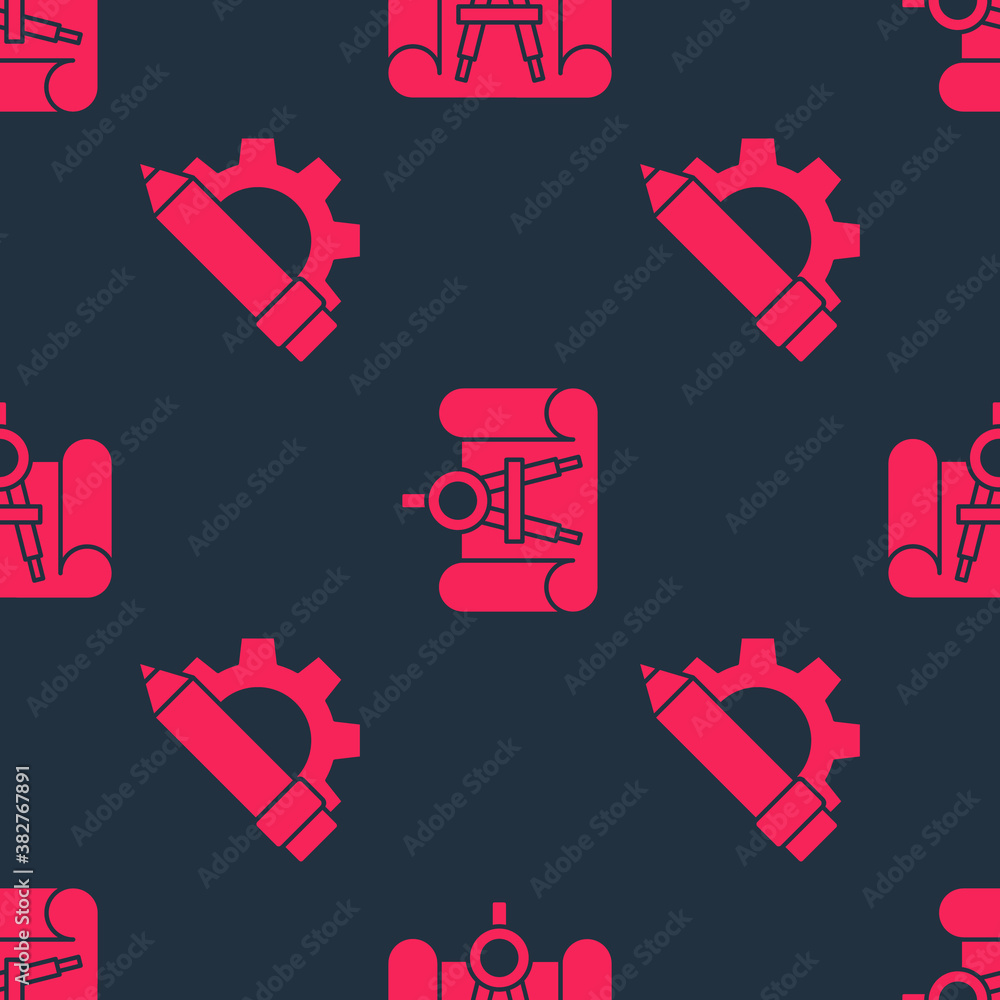 Poster set pencil and gear and graphing paper and compass on seamless pattern. vector.