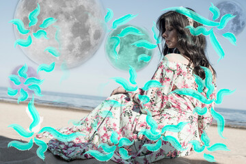 Woman meditating on the sea coast surrounded by abstract blue flowers and planets
