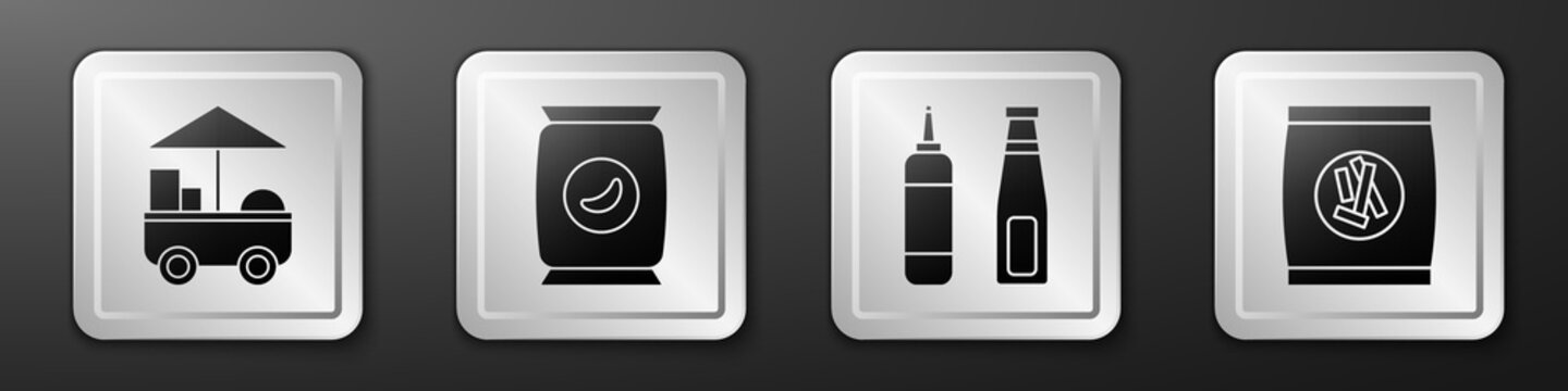 Set Fast street food cart, Bag or packet potato chips, Sauce bottle and Hard bread chucks crackers icon. Silver square button. Vector.
