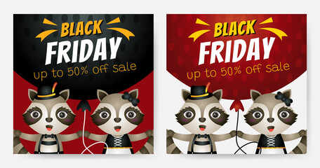 Black friday social media post feed banner template or square flyer collection with illustration of raccoon couple hold balloon
