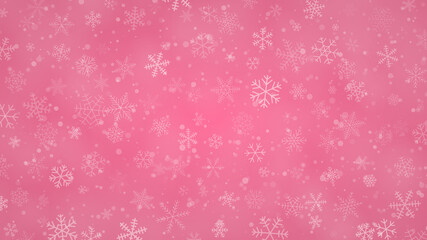 Christmas background of snowflakes of different shapes, sizes and transparency in pink colors