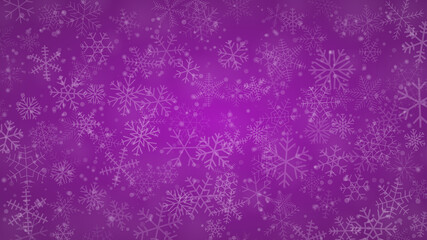 Christmas background of snowflakes of different shapes, sizes and transparency in purple colors