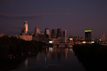 View of Philadelphia Skyline over Schuylkill River under sunset in Philadelphia  Pennsylvania, USA 