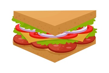 Tasty, delicious triangle sandwich, colorful and detailed isolated on white background. Salami, green leaves, tomato, cheese and onion ingredients.