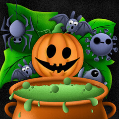 Halloween background. A scary pumpkin surrounded by ghosts and colona virus. Behind the green leaves