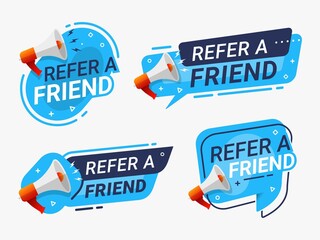 Refer a friend banner label badge set. referral program vector illustration
