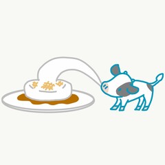 醤油をつけた焼餅を皿から食べる仔牛