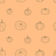 Transparent pumpkin seamless pattern. Vector illustration isolated on orange background. Healthy vegetarian food. Doodle style. Decoration for greeting cards, posters, patches, emblems.