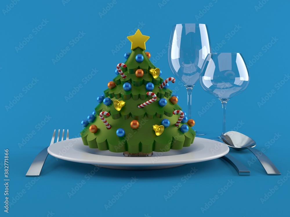 Poster christmas tree with plate and cutlery