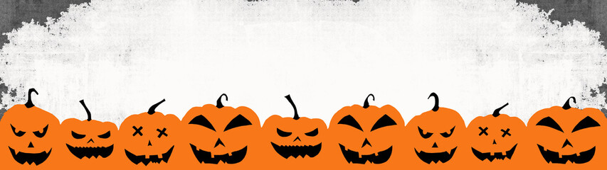 HALLOWEEN background banner wide panoramic panorama template -Orange silhouette of scary carved luminous cartoon pumpkins isolated on grunge white grey gray texture
