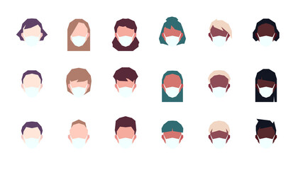 Set of male and female characters with masks. Low poly avatars. Vector illustration