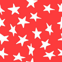Seamless pattern with white stars on red background. Vector design for textile, backgrounds, clothes, wrapping paper, web sites and wallpaper. Fashion illustration hand drawn seamless pattern.