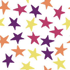Seamless pattern with yellow and purple stars on background. Vector design for textile, backgrounds, clothes, wrapping paper, web sites and wallpaper. Fashion illustration hand drawn seamless pattern.