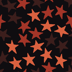 Fototapeta na wymiar Seamless pattern with orange stars on brown background. Vector design for textile, backgrounds, clothes, wrapping paper, web sites and wallpaper. Fashion illustration hand drawn seamless pattern.