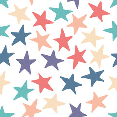 Obraz premium Seamless pattern with blue, violet and pink stars on white background. Vector design for textile, backgrounds, clothes, wrapping paper and wallpaper. Fashion illustration hand drawn seamless pattern.