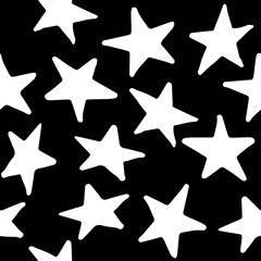 Seamless pattern with white stars on black background. Vector design for textile, backgrounds, clothes, wrapping paper, web sites and wallpaper. Fashion illustration hand drawn seamless pattern.