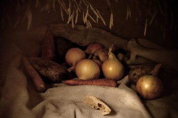 Still life with vegetables of onions and potatoes,carrots and rye on a canvas cover