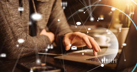 Male hands with laptop. Man working remotely at home. Concept of networking or remote work. Global business network. Online courses.