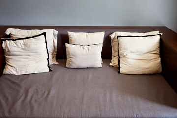 Brown pillows on fabric sofa