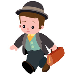 cute man in a hat and with a briefcase hurrying, isolated object on white background, cartoon illustration, vector illustration,