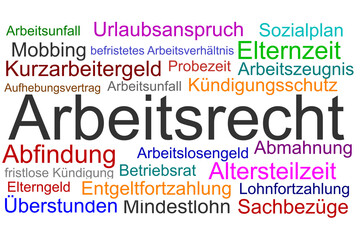 Illustration mit Rechtsbegriffen zum Thema Arbeitsrecht