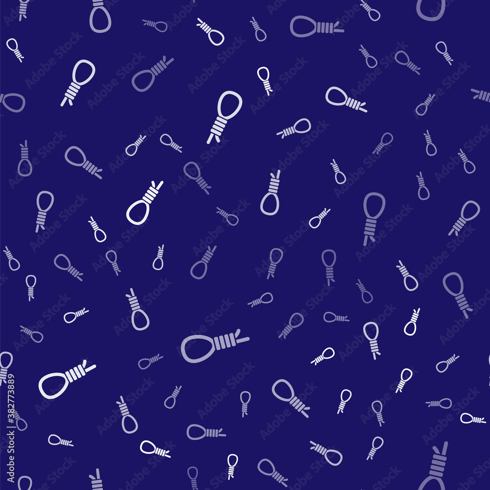 Poster white gallows rope loop hanging icon isolated seamless pattern on blue background. rope tied into no