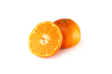 Half and whole tangerine fruit isolated on white background. Citrus reticulata, mandarin orange, clementine. Citrus fruits