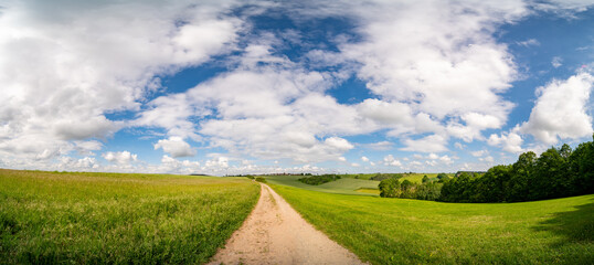 Wide Panorama  Landscape in Germany in the Summer with blue sky and sun shine.