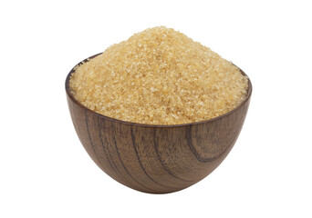 Pure brown sugar in natural wooden bowl isolated on white background