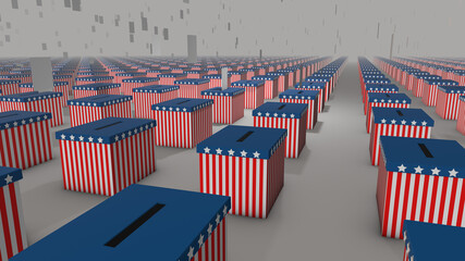 USA Election, 3d generated illustration of votes falling into ballot boxes in American Flag colors stretching to the horizon - 382774609