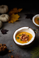 pumpkin soup puree with grenks in coconut