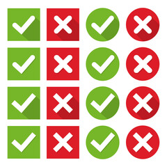 Set green check marks and red crosses of simple web buttons. Circle and square. Large collection of flat buttons with long shadow. Vector illustration.