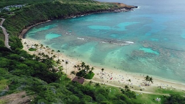 Aerial, pov, beach of Hanauma Bay in the afternoon, Hawaii, USA