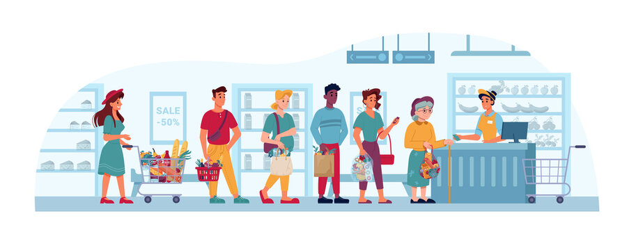 Store Queue, Supermarket Or Grocery, People In Line To Cashier, Vector Flat Cartoon. People In Queue Buying And Paying At Shop Checkout Counter, Man And Old Woman Waiting With Paper Bags And Baskets