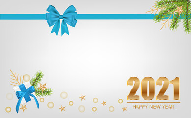 Happy New Year 2021, Xmas decorative design elements with gifts box and red tinsel. Horizontal Happy New year and Happy Christmas posters, greeting cards.