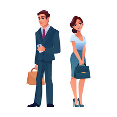 Mature businessman and businesswoman isolated cartoon adult people. Vector caucasian man in suit with tie, briefcase and smartphone in hands. Pretty slim woman on high heels in dress, leather bag