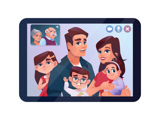 Video call, family chat on tablet or phone, vector cartoon illustration. Children and father video call on quarantine, couple with kids chatting on internet tablet with grandparents, isolated