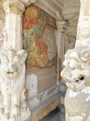 Sandstone carvings of Lion sculpture in the pillars of ancient kanchi Kailasanathar temple in Kanchipuram