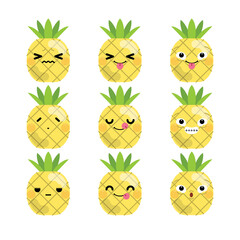 Set of cute cartoon pineapple emoji set isolated on white background. Vector Illustration.