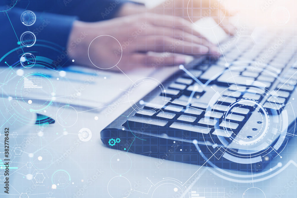 Poster man hands typing on keyboard, hud network interface