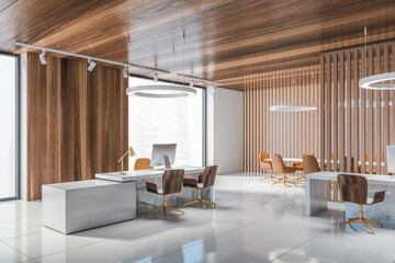 Modern white and wooden open space office corner