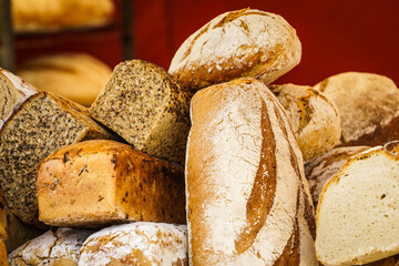 Many rustic fresh bread loaves