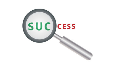 Magnifying glass with the word success. Vector illustration on white background.
