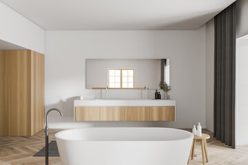 Modern white and wooden bathroom interior with tub and sink