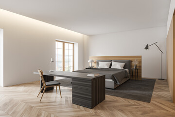 White and wooden bedroom corner with home office