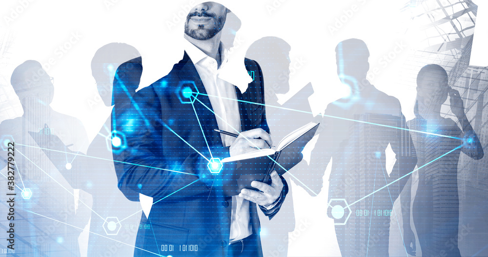 Poster man with notebook, his team and network interface