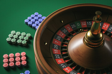 Wooden roulette with chips in casino, top view