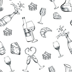 Wine cards, champagne, glasses, food vector hand drawn chalk seamless pattern isolated on black background. Concept for wallpaper, wrapping paper, menu, cards 