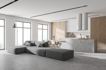 Modern white and wooden living room and kitchen corner