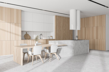 Modern white and wooden kitchen corner with bar